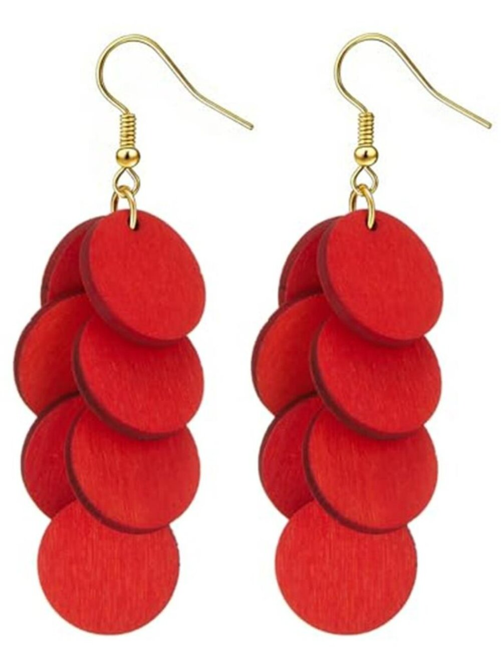Bohemian Wooden Layered Disc Dangle Earrings, Boho Style Round Drop Earrings